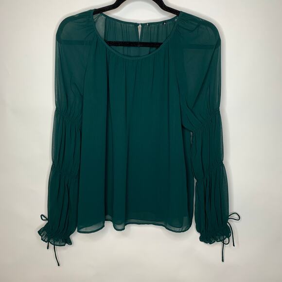 Dark Green Chiffon Blouse Gathered Bishop Sleeves Sz Medium - Picture 6 of 11